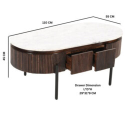 Wyld Haus Alabama Ribbed Mango Wood Rectangular Coffee Table With Marble Top And Metal Legs - thumbnail 5