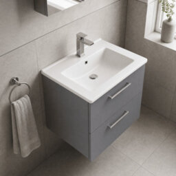 Balterley Bramshall Modern Bathroom 2 Soft Close Drawer & Minimalist Wall Hung Vanity Unit Basin, Satin Grey, 440mm - thumbnail 3