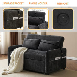 Btm Modern 2 Seater Sofa Bed, Adjustable Backrest, Usb Port And Phone Holder, Grey - thumbnail 9