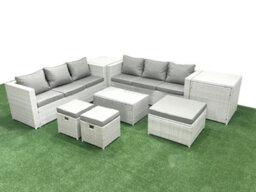 Fimous Garden Outdoor Pe Rattan Furniture Set 9 Seater Rattan Garden Sofa Set 3 Stools 2 Side Tables Light Grey - thumbnail 2