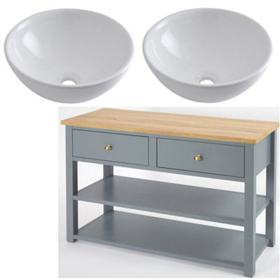 Homestylestore 1215mm Light Grey And Oak Bathroom Vanity Unit With Round Countertop Basins And Gold Round Handles - image 1