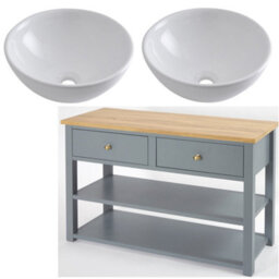 Homestylestore 1215mm Light Grey And Oak Bathroom Vanity Unit With Round Countertop Basins And Gold Round Handles