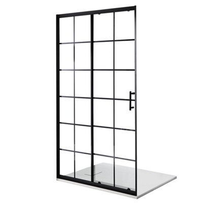 Homestylestore Black Grid Sliding Door Shower Enclosure And White Slate Effect Tray 1400 X 800mm - image 1