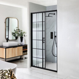 Homestylestore Black Grid Sliding Door Shower Enclosure And White Slate Effect Tray 1400 X 800mm - thumbnail 2