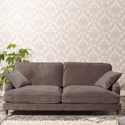 Mackenzie 207Cm Wide Mole Taupe 4 Seat Velvet Fabric Sofa With Brass Coloured Wheel Tipped Walnut Coloured Wooden Legs