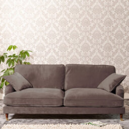 Mackenzie 207Cm Wide Mole Taupe 4 Seat Velvet Fabric Sofa With Brass Coloured Wheel Tipped Walnut Coloured Wooden Legs