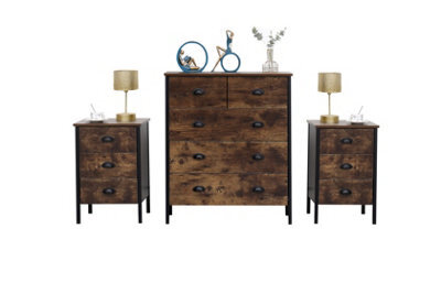 Furniturehmd Industrial Style Storage Sideboard Cabinet 5 Drawer Chest Rustic Set Of 2 Bedside Table Nightstand Unit - image 1