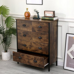 Furniturehmd Industrial Style Storage Sideboard Cabinet 5 Drawer Chest Rustic Set Of 2 Bedside Table Nightstand Unit - thumbnail 3
