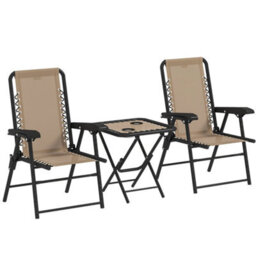 3 Pieces Folding Garden Bistro Set With Cup Holders, Khaki - thumbnail 1