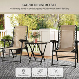 3 Pieces Folding Garden Bistro Set With Cup Holders, Khaki - thumbnail 5