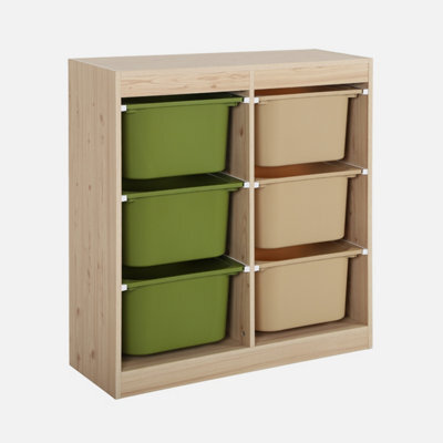 Sweeek - Children's Storage Unit With 6 Plastic Bins Natural-Coloured Olive Green/taupe 81.5X30X89 Cm - Sora - image 1