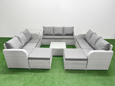 Fimous Pe Rattan Lounge Sofa Set 11 Seater Outdoor Garden Furniture Set Square Coffee Table 3 Seater Sofa 2 Footstools Side Table - image 1