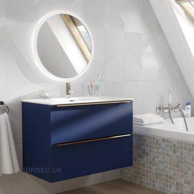 Furneo Bathroom Vanity Unit Floating Storage Basin Blueberry Matt 2-Drawer 80Cm With Gold Handle - image 1