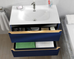 Furneo Bathroom Vanity Unit Floating Storage Basin Blueberry Matt 2-Drawer 80Cm With Gold Handle - thumbnail 2