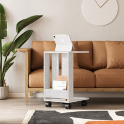 Decortie Edi Modern C-Shape Side End Table With Wheels 60Cm Multipurpose Ancient White Sofa Bed Living Room