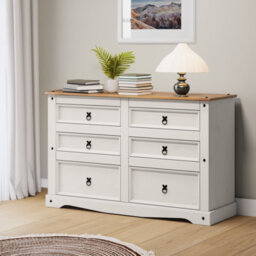 Mercers Furniture Corona White Low 3+3 Wide 6 Drawer Chest Sideboard Solid Wood Pine Wooden With Mexican Styling