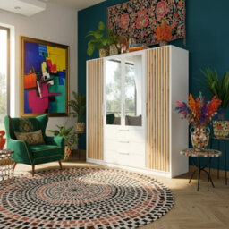 Bali Lux 4 Door Wardrobe With Oak Slats Mirror Modern Hallway Bedroom Storage Cabinet White With Oak Wotan - thumbnail 1