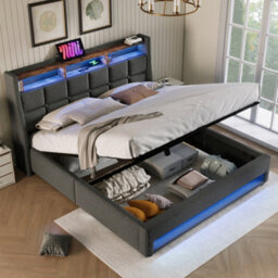 Abrihome 5Ft King Size Storage Bed With Led Lights & Usb Charging, Upholstered Linen Headboard, Grey - thumbnail 1