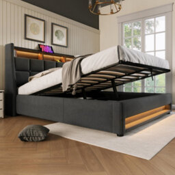 Abrihome 5Ft King Size Storage Bed With Led Lights & Usb Charging, Upholstered Linen Headboard, Grey - thumbnail 2