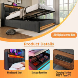 Abrihome 5Ft King Size Storage Bed With Led Lights & Usb Charging, Upholstered Linen Headboard, Grey - thumbnail 5