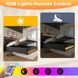 Abrihome 5Ft King Size Storage Bed With Led Lights & Usb Charging, Upholstered Linen Headboard, Grey - thumbnail 6