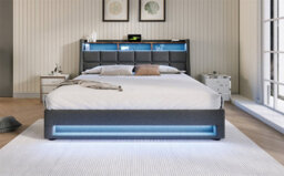 Abrihome 5Ft King Size Storage Bed With Led Lights & Usb Charging, Upholstered Linen Headboard, Grey - thumbnail 3