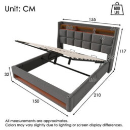 Abrihome 5Ft King Size Storage Bed With Led Lights & Usb Charging, Upholstered Linen Headboard, Grey - thumbnail 4