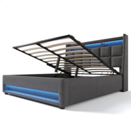 Abrihome 5Ft King Size Storage Bed With Led Lights & Usb Charging, Upholstered Linen Headboard, Grey - thumbnail 9