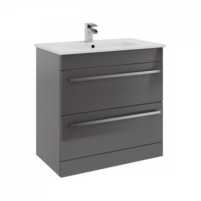Clifton Bathroom 2-Drawer Floor Standing Vanity Unit With Ceramic Basin 800mm Wide - Storm Grey Gloss  - Brassware Not Included - image 1