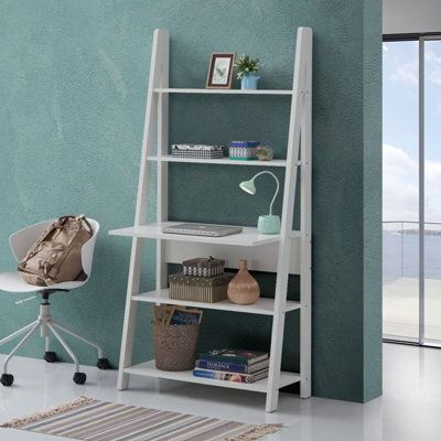 Timber Art Design Riva Ladder Bookcase With 5 Tier Shelves & Overhanging Desk Shelf In White - image 1