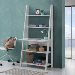 Timber Art Design Riva Ladder Bookcase With 5 Tier Shelves & Overhanging Desk Shelf In White - thumbnail 1