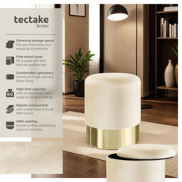 Tectake Stool Sarina - Round, Padded, Velvet Look, Large Storage Space - Cream, 1 - thumbnail 2