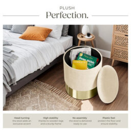 Tectake Stool Sarina - Round, Padded, Velvet Look, Large Storage Space - Cream, 1 - thumbnail 3