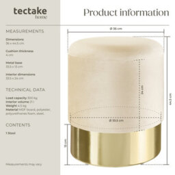 Tectake Stool Sarina - Round, Padded, Velvet Look, Large Storage Space - Cream, 1 - thumbnail 6