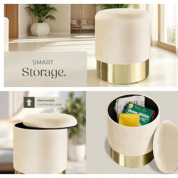 Tectake Stool Sarina - Round, Padded, Velvet Look, Large Storage Space - Cream, 1 - thumbnail 5