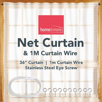 SOL Small Net Curtain For Window, 36 Inch Drop With Curtain Wire 1M, And Fittings, Plain White Voile Net Curtains, All Voile Curtain