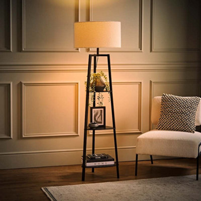 Valuelights Hiru Black 3 Tier Shelf Floor Lamp With Cream Boucle Shade And Bulb - image 1