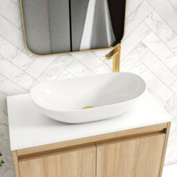 Royal Bathrooms Orion 800mm Natural Oak Floor Standing Plain White Countertop Vanity Unit 2 Drawer With Cesar Basin & Brushed Brass Accent Trim - thumbnail 5