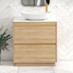 Royal Bathrooms Orion 800mm Natural Oak Floor Standing Plain White Countertop Vanity Unit 2 Drawer With Cesar Basin & Brushed Brass Accent Trim