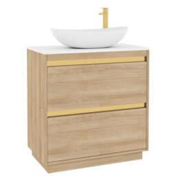 Royal Bathrooms Orion 800mm Natural Oak Floor Standing Plain White Countertop Vanity Unit 2 Drawer With Cesar Basin & Brushed Brass Accent Trim - thumbnail 6