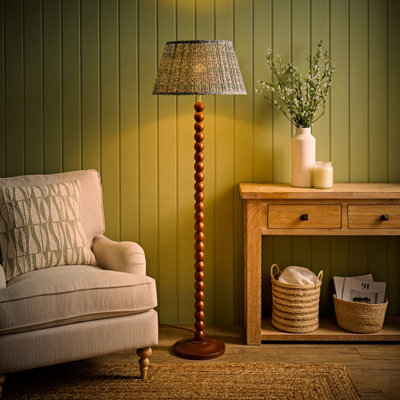 Valuelights Bobbin Floral Printed Pleated Shade Walnut Bobble Floor Lamp With Bulb - image 1