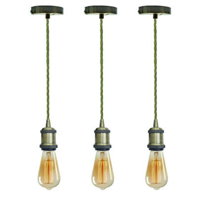 Vintage E27 Pendant Light Fitting Green Brass Hanging Ceiling Lamp Kit With Twisted Fabric 2M Cable Pack Of 3 - image 1