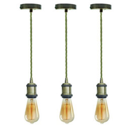 Vintage E27 Pendant Light Fitting  Green Brass Hanging Ceiling Lamp Kit With Twisted Fabric 2M Cable Pack Of 3 - thumbnail 1