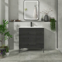 Royal Bathrooms Verona 800mm Black Woodgrain Floor Standing Vanity Unit 3 Drawer Side Pull Out Storage Ceramic Basin - Black Knob - thumbnail 4