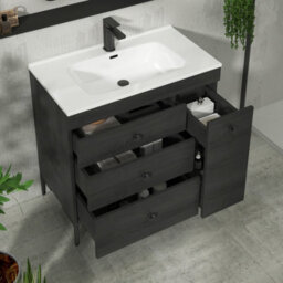 Royal Bathrooms Verona 800mm Black Woodgrain Floor Standing Vanity Unit 3 Drawer Side Pull Out Storage Ceramic Basin - Black Knob - thumbnail 5