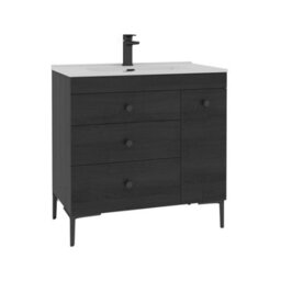 Royal Bathrooms Verona 800mm Black Woodgrain Floor Standing Vanity Unit 3 Drawer Side Pull Out Storage Ceramic Basin - Black Knob - thumbnail 6
