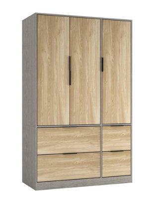 Urbn-Living Urbnliving 3 Door Wardrobe With 4 Drawers Cedar Grey & Oak Wooden Bedroom Storage Unit With Hanging Rail - image 1