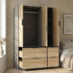 Urbn-Living Urbnliving 3 Door Wardrobe With 4 Drawers  Cedar Grey & Oak Wooden Bedroom Storage Unit With Hanging Rail - thumbnail 6