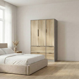 Urbn-Living Urbnliving 3 Door Wardrobe With 4 Drawers  Cedar Grey & Oak Wooden Bedroom Storage Unit With Hanging Rail - thumbnail 2