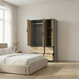 Urbn-Living Urbnliving 3 Door Wardrobe With 4 Drawers  Cedar Grey & Oak Wooden Bedroom Storage Unit With Hanging Rail - thumbnail 3